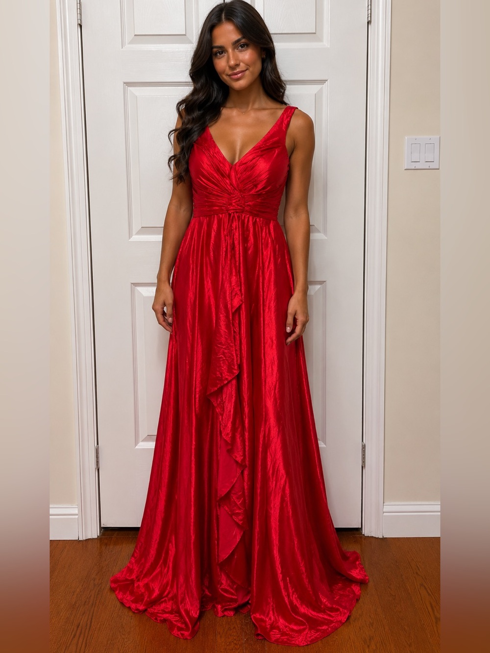 Red V-Neck Maxi Dress with Ruffled Front Detail